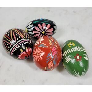 Vintage Hand Painted Wood Eggs 2" Lacquered Decorative Easter Ukrainian Lot of 4
